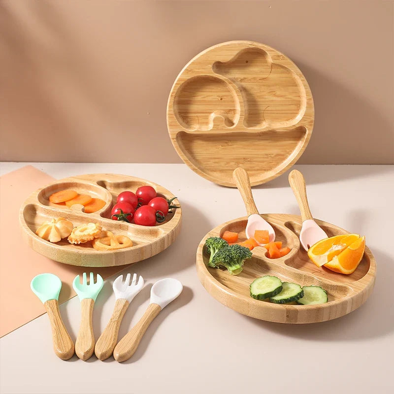 Toddler Bamboo Suction Divided Plate Utensil Set